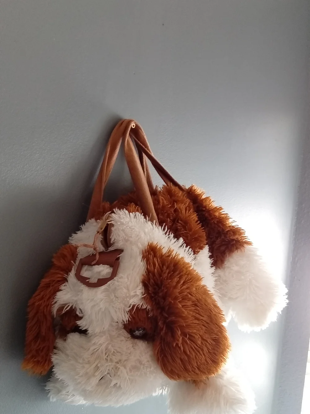 Aurora World Plush Puppy Dog Backpack Brown White Shaggy Faux‎ Fur Kids Bag